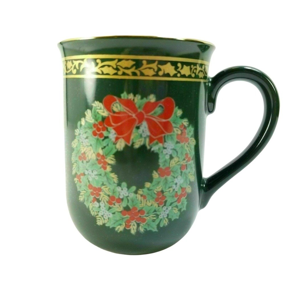Otagiri Christmas‎ Wreath Cup Mug Japan Holiday Tea Coffee Gold Trim Collectible